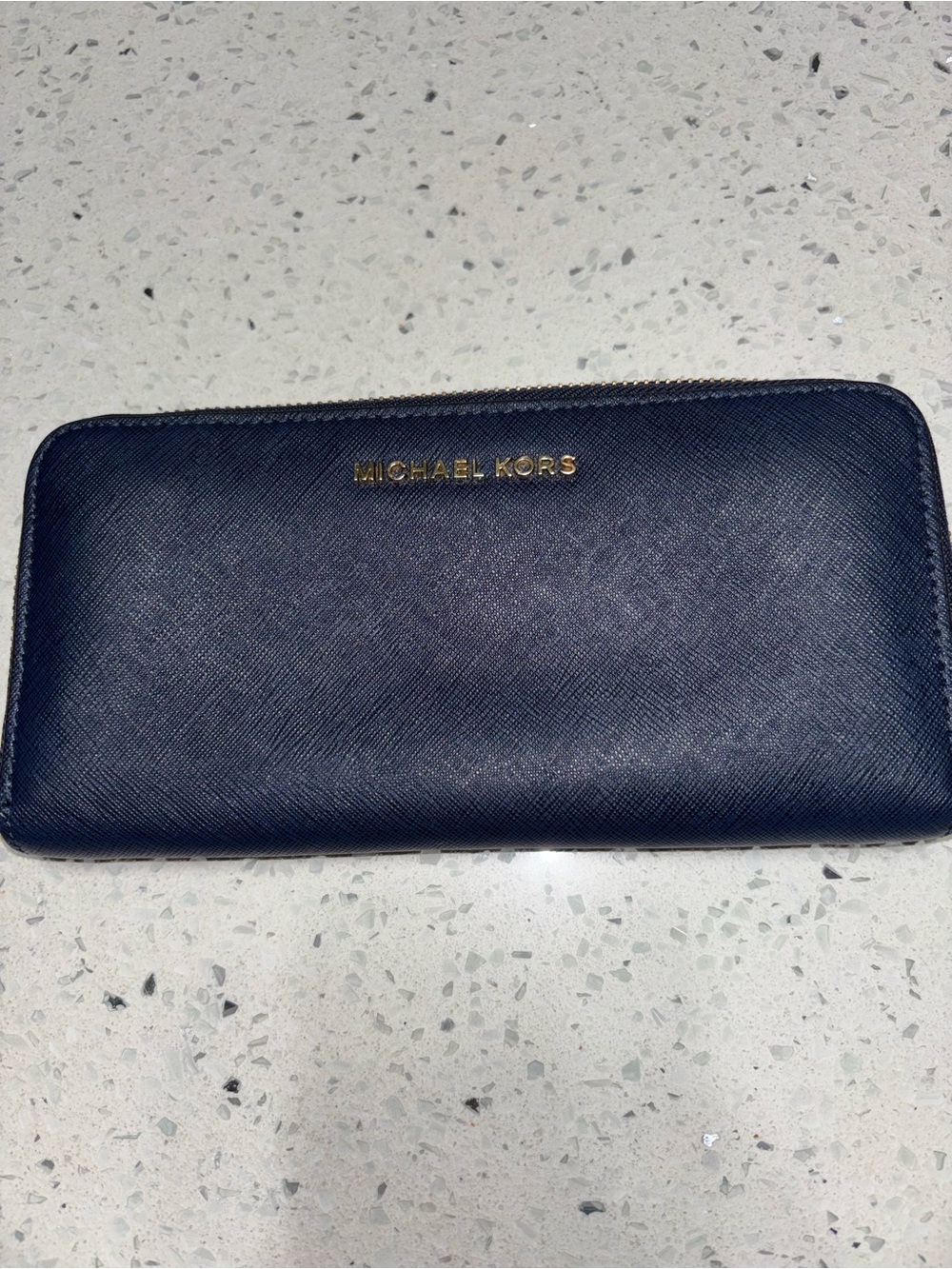 Michael Kors Navy Zip-Around Saffiano Wallet with Gold Logo